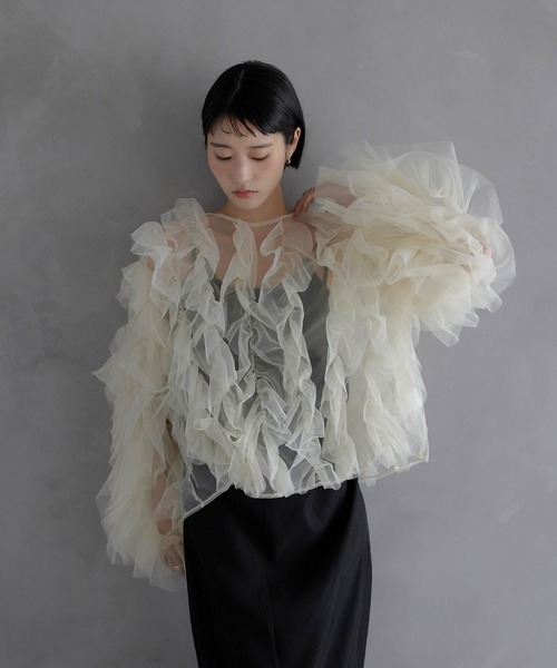 ブラウス シャツ 「MINERTE」「オケージョン」 ruffled tulle blouse / フリルチュールブラウス レディース