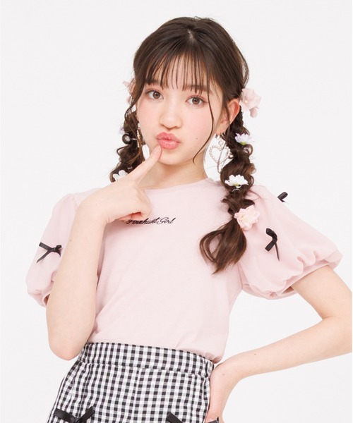 PINKHUNT（ピンクハント） tシャツ リボン付き 袖チュール Tシャツ