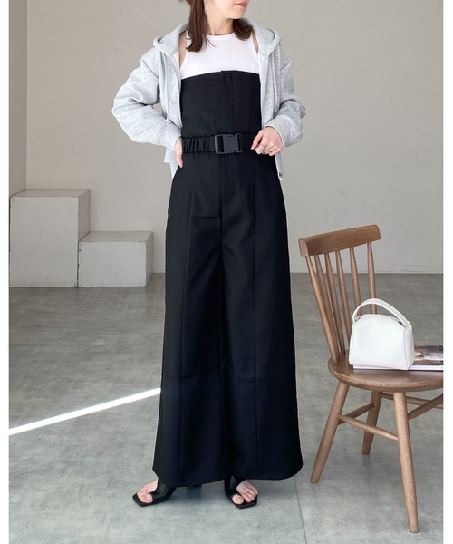 スキッパーネック ノースリーブ ベルト付き ワイド サロペット セール】スキッパーネックワイドシルエットオールインワン