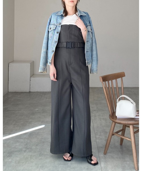 ベルト付き オールインワン 2色 ベアトップ ワイドパンツ 無地 She's Closet サロペット オーバーオール フロントジップベルト