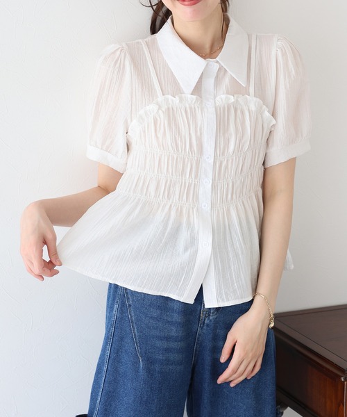 BLUEEAST ブラウス シャツ シャーリングビスチェレイヤード