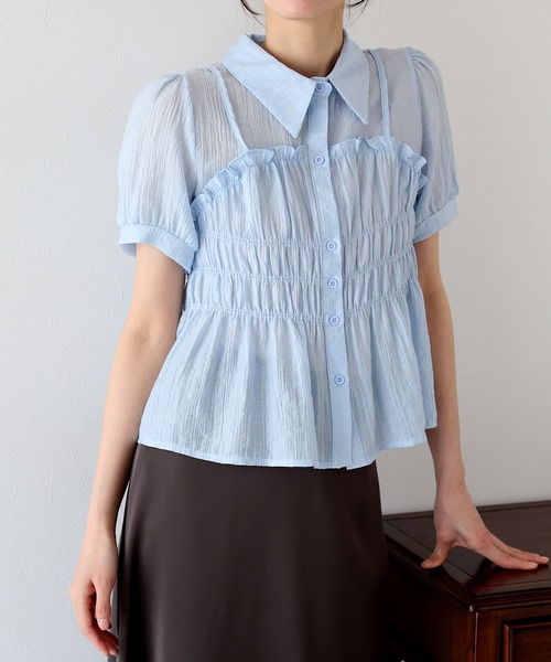 BLUEEAST ブラウス シャツ シャーリングビスチェレイヤード