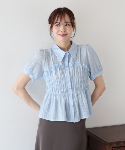BLUEEAST ブラウス シャツ シャーリングビスチェレイヤード