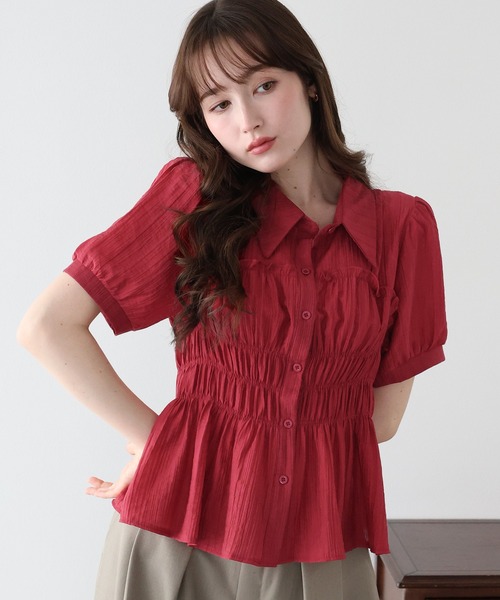 定価2.2万 ビアズリー シャーリングレースシャツブラウス レッド バルーン袖 BLUEEAST（ブルーイースト） ブラウス シャツ 「新色追加
