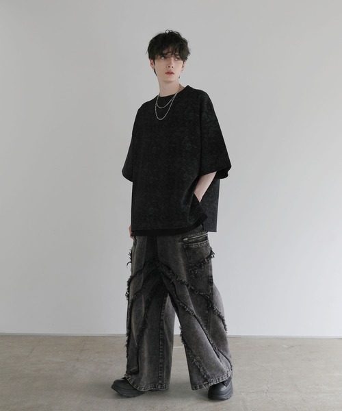 LILL ジーンズ ルーズシルエットウォッシュドフリンジジップデニム