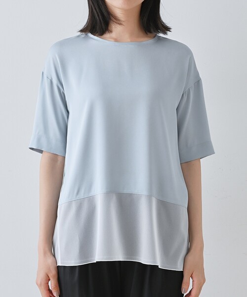 INDIVI tシャツ 「洗える」裾シアー半袖トップス レディース