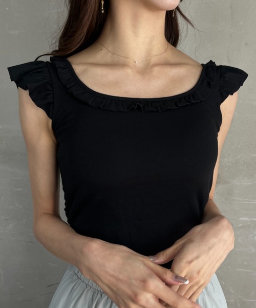 tシャツ カップ付き フリルスリーブ クロップドトップス レディース 