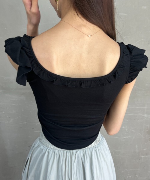 tシャツ カップ付き フリルスリーブ クロップドトップス レディース 