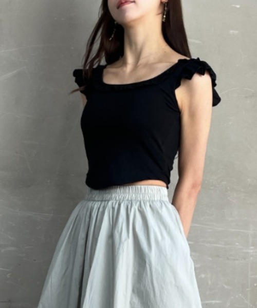 tシャツ カップ付き フリルスリーブ クロップドトップス レディース 