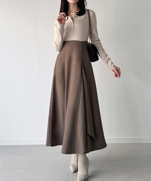 JUNOAH（ジュノア） ワンピース ポロニットドッキングラッフルフレア