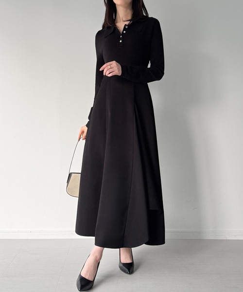 JUNOAH ワンピース ポロニットドッキングラッフルフレアワンピース