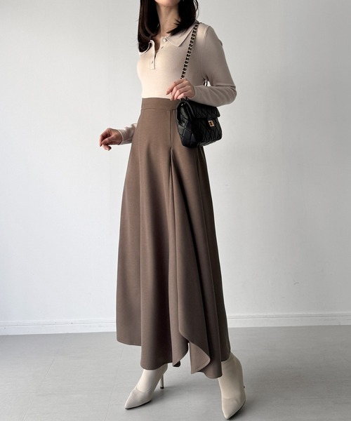 JUNOAH（ジュノア） ワンピース ポロニットドッキングラッフルフレア