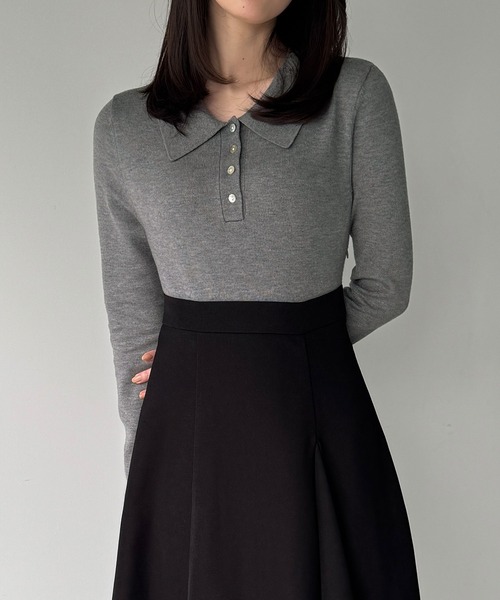 JUNOAH（ジュノア） ワンピース ポロニットドッキングラッフルフレア