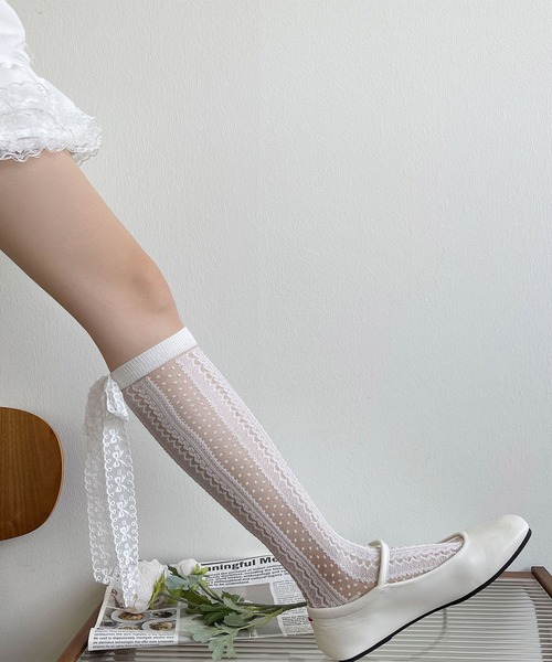 靴下 「HOOK」for girls ガーリーストリート レースリボン透け感ロング