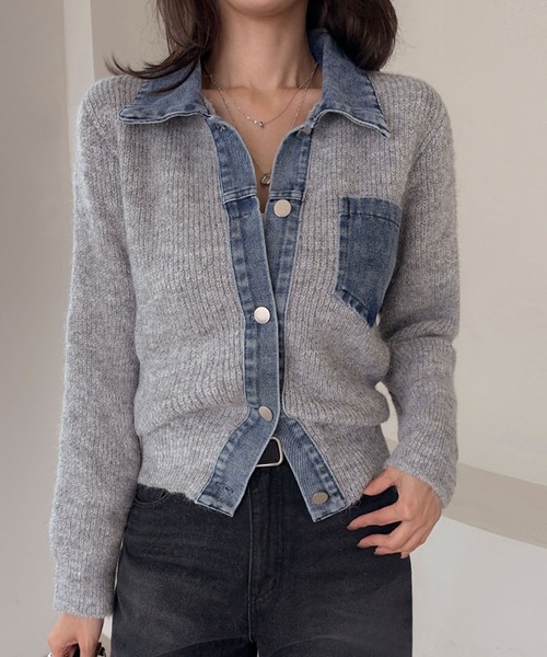 Kuroba カーディガン デニムドッキングシャツ風ニットカーディガン