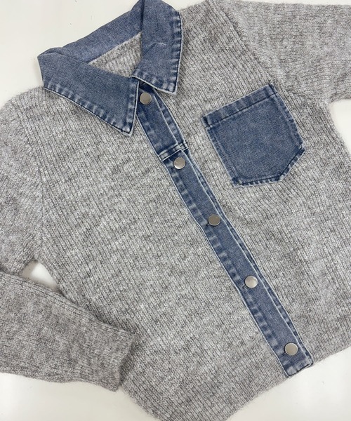 Kuroba カーディガン デニムドッキングシャツ風ニットカーディガン