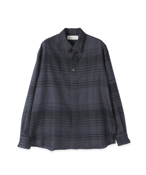 CULLNI クルニ ウインドペンチェック チンタブ プルオーバー ブラック 1 CULLNI（クルニ） シャツ Sheer Tile Check Chin Tab Shirt メンズ