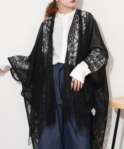 COMME des GARCONS コラボ　 フリンジストール　カーディガン Ree&Mee カーディガン 夏 総レース 裾フリンジ ストール カーディガン
