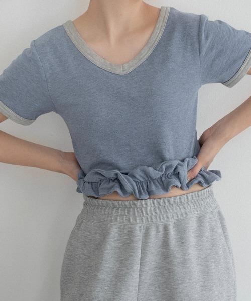 lawgy（ラウジー） tシャツ 半袖 bicolor hem ruffle v tops / バイ