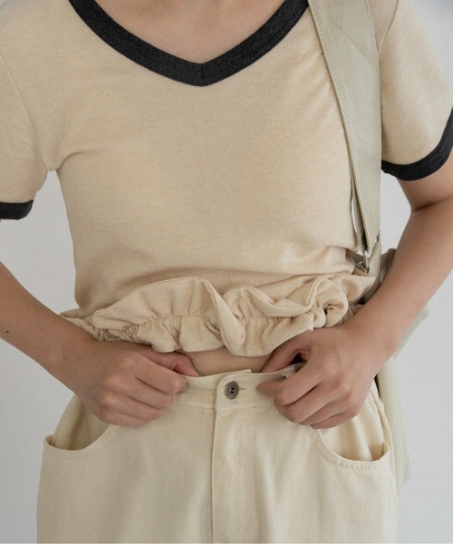 lawgy（ラウジー） tシャツ 半袖 bicolor hem ruffle v tops / バイ