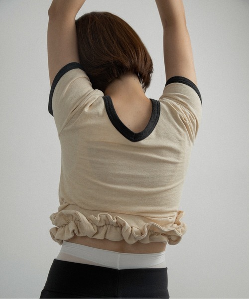 lawgy（ラウジー） tシャツ 半袖 bicolor hem ruffle v tops / バイ