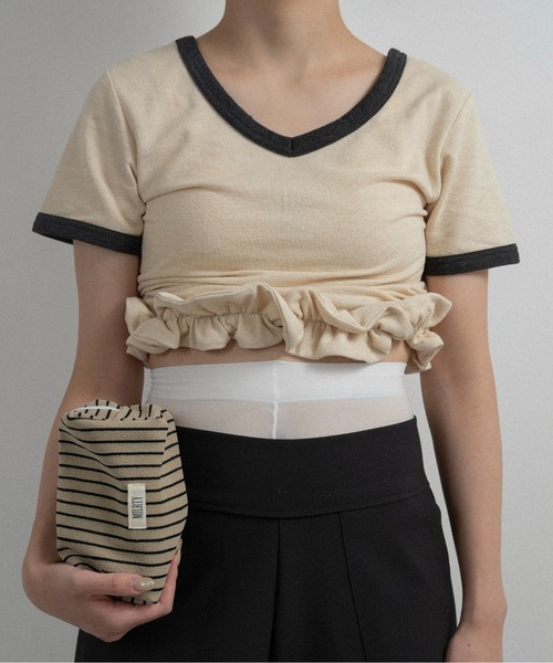 lawgy（ラウジー） tシャツ 半袖 bicolor hem ruffle v tops / バイ