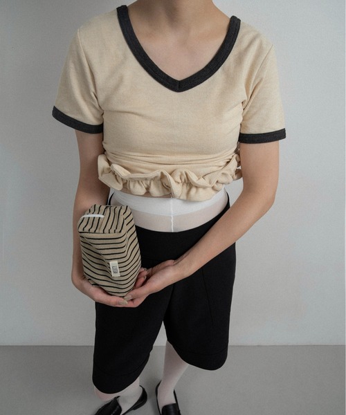 lawgy（ラウジー） tシャツ 半袖 bicolor hem ruffle v tops / バイ