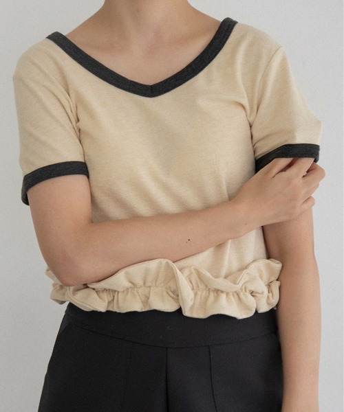 lawgy（ラウジー） tシャツ 半袖 bicolor hem ruffle v tops / バイ