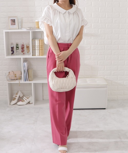 Lace Ladies ブラウス シャツ フリルギャザー前開き半袖ブラウス