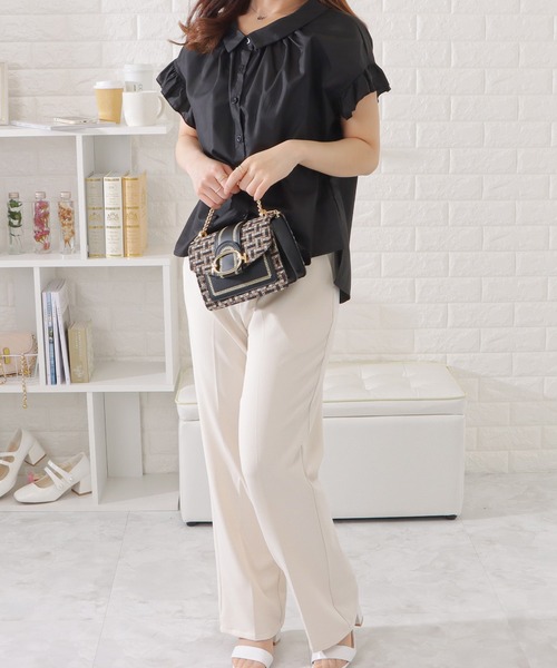 Lace Ladies ブラウス シャツ フリルギャザー前開き半袖ブラウス
