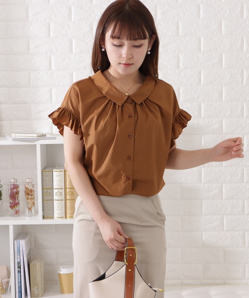 Lace Ladies ブラウス シャツ フリルギャザー前開き半袖ブラウス