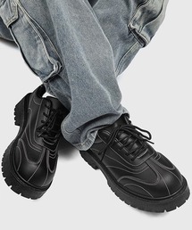 ブラックレザー 厚底シューズ Theater code スニーカー stitch line leather sneaker