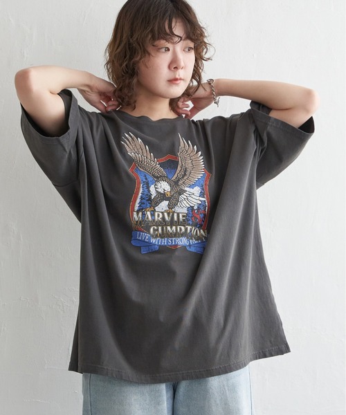 d.i.a.イーグルプリント 半袖Tシャツ 黒/白 サマーニット生地 notch. tシャツ 半袖 イーグルプリントビッグTシャツ レディース