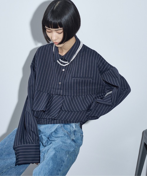 MaxMaraアウトレット●ピンストライプ ボクシークロップドベスト THE Yon シャツ ブラウス ピンストライプラッフルヘムクロップド