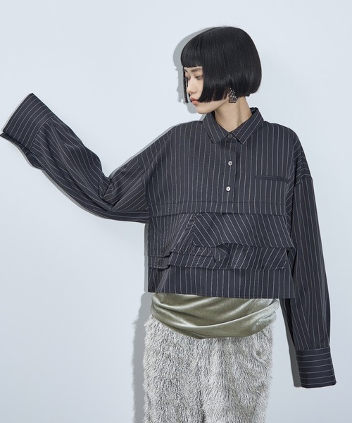 THE Yon シャツ ブラウス ピンストライプラッフルヘムクロップド