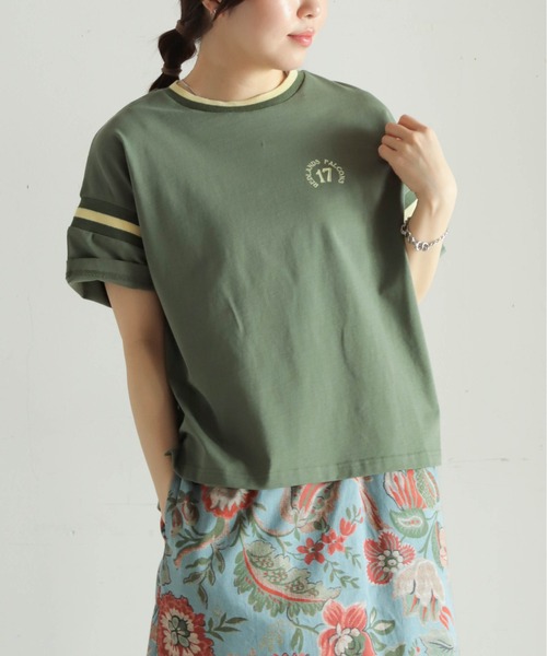 tシャツ ラインリブ綿天竺　フットボールTEE レディース