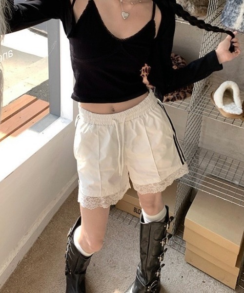 ALMO パンツ 裾レース サイドラインショートパンツ(BQ) レディース