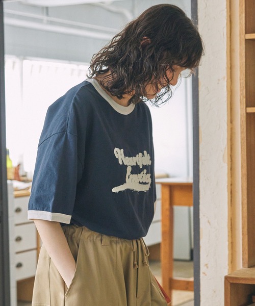 メッセージパッチ Tシャツ tシャツ パッチ刺繍 メッセージロゴ リンガー半袖Tシャツ
