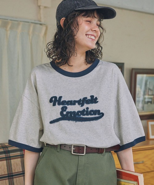 メッセージパッチ Tシャツ tシャツ パッチ刺繍 メッセージロゴ リンガー半袖Tシャツ