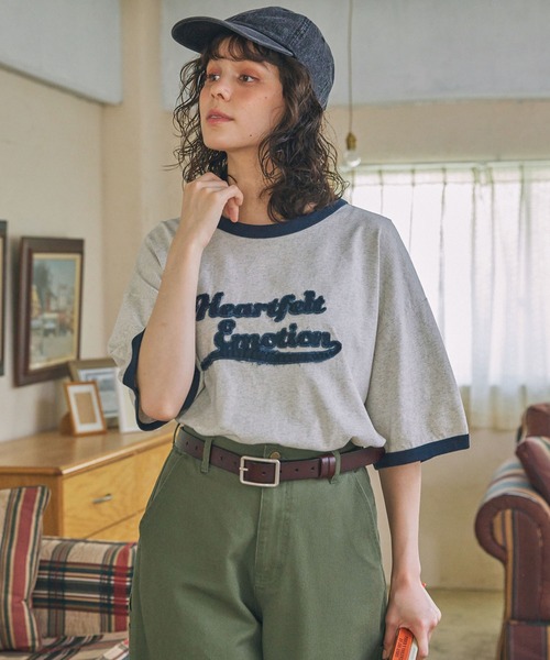 tシャツ L9 RIBBON T-SHIRT レディース tシャツ パッチ刺繍 メッセージロゴ リンガー半袖Tシャツ