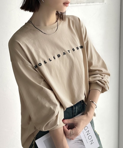 tシャツ 大人の上品カジュアルを楽しむ。ゆったりシルエット 綿100％シルケット風シンプル英字ロゴTシャツ（長袖） レディース | classicalelf | 04