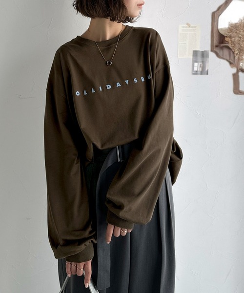 tシャツ 大人の上品カジュアルを楽しむ。ゆったりシルエット 綿100％シルケット風シンプル英字ロゴTシャツ（長袖） レディース | classicalelf | 03
