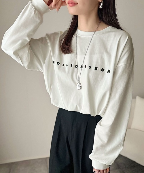 tシャツ 大人の上品カジュアルを楽しむ。ゆったりシルエット 綿100％シルケット風シンプル英字ロゴTシャツ（長袖） レディース | classicalelf | 14
