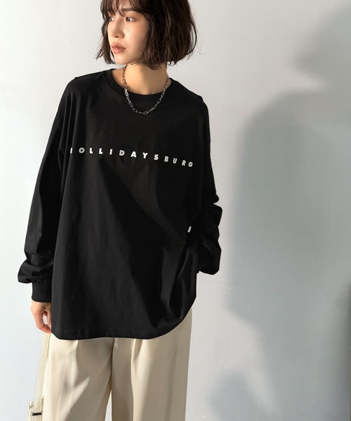 tシャツ 大人の上品カジュアルを楽しむ。ゆったりシルエット 綿100％シルケット風シンプル英字ロゴTシャツ（長袖） レディース | classicalelf | 24