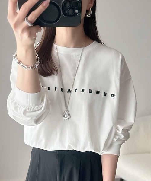 tシャツ 大人の上品カジュアルを楽しむ。ゆったりシルエット 綿100％シルケット風シンプル英字ロゴTシャツ（長袖） レディース | classicalelf | 13