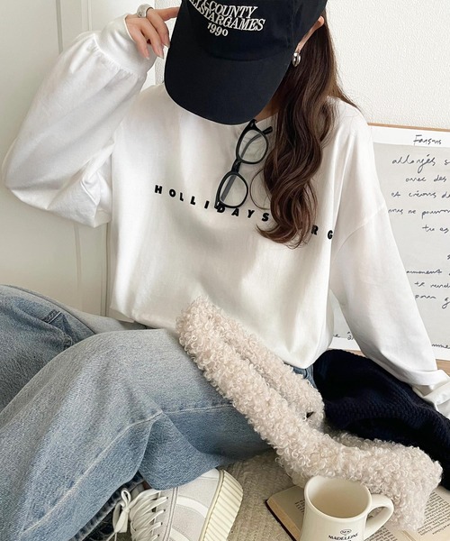 tシャツ 大人の上品カジュアルを楽しむ。ゆったりシルエット 綿100％シルケット風シンプル英字ロゴTシャツ（長袖） レディース | classicalelf | 05