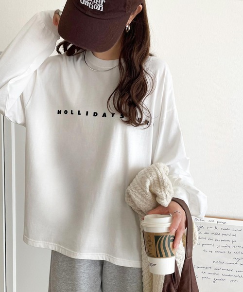 tシャツ 大人の上品カジュアルを楽しむ。ゆったりシルエット 綿100％シルケット風シンプル英字ロゴTシャツ（長袖） レディース | classicalelf | 11