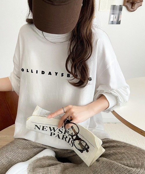 tシャツ 大人の上品カジュアルを楽しむ。ゆったりシルエット 綿100％シルケット風シンプル英字ロゴTシャツ（長袖） レディース | classicalelf | 07