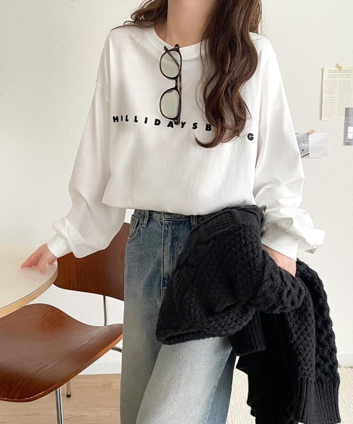 tシャツ 大人の上品カジュアルを楽しむ。ゆったりシルエット 綿100％シルケット風シンプル英字ロゴTシャツ（長袖） レディース | classicalelf | 06