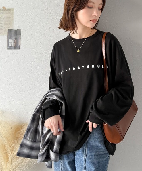 tシャツ 大人の上品カジュアルを楽しむ。ゆったりシルエット 綿100％シルケット風シンプル英字ロゴTシャツ（長袖） レディース | classicalelf | 18